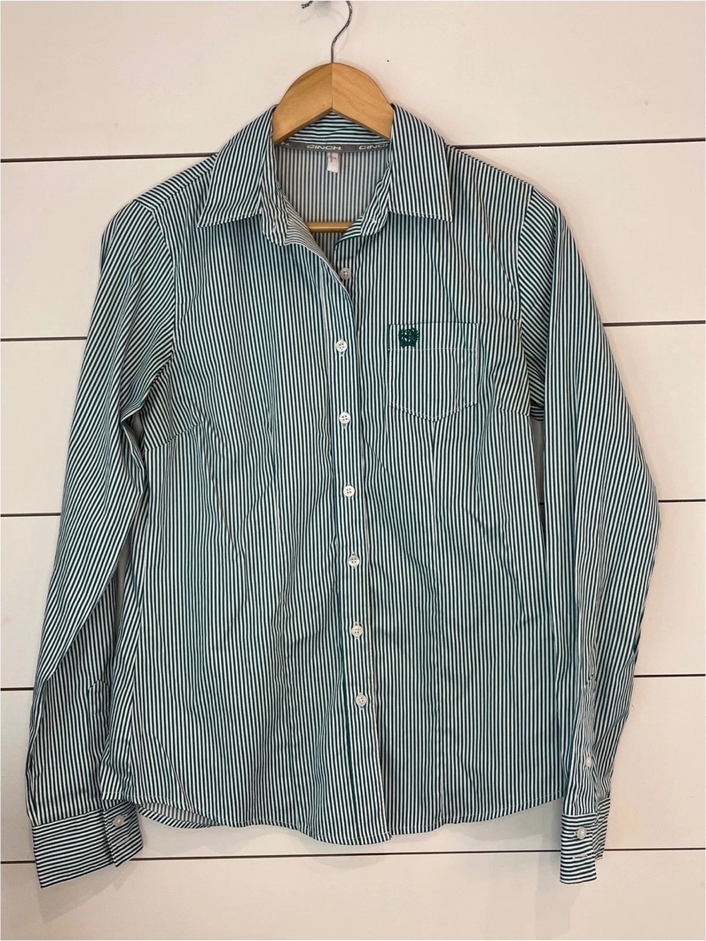 Cinch Men's Green and White Striped Button-Down Shirt